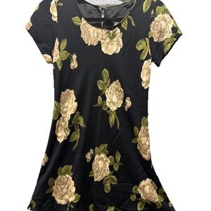 Petite Sophisticate Black and Cream Floral A-Line Rayon Mini Rayon Dress 0P